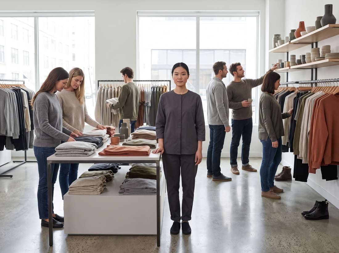 A staff member stands in a busy contemporary store, shoppers browsing racks of clothing and tables of folded stock.