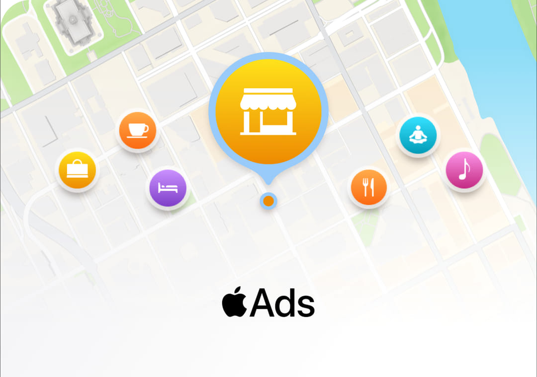 A stylised Apple Maps view with category pins for shopping, coffee, lodging, dining, fitness and music around a highlighted storefront pin.