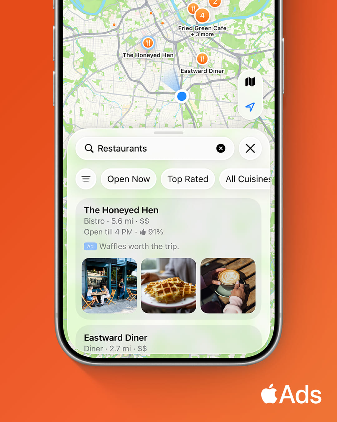 Apple Maps restaurant search results on iPhone, with a labeled ad for a bistro at the top showing three food and venue photos.