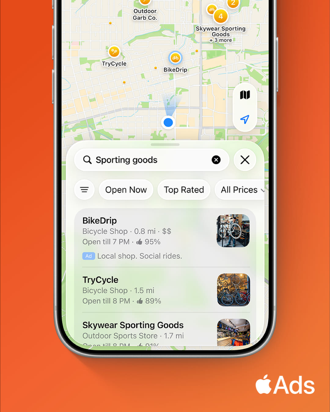 Apple Maps search results for sporting goods on iPhone, with a labeled ad for a bicycle shop at the top of the list and its pin highlighted on the map.